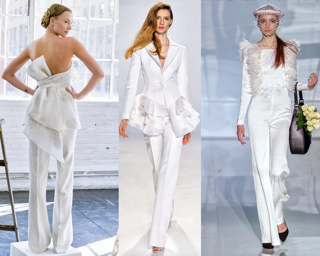Esta propuesta gana seguidoras, sobre todo en las ceremonias civiles. Tres formas de llevarlo: con top, chaqueta y jersey. De izquierda a derecha: Lela Rosa, Kleinfeld e Isabel Zapardiez.