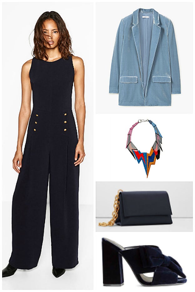 Mono de Zara (49.95 euros), blazer de terciopelo de Mango (79.99 euros), collar de Bimba y Lola (cpv), bolso de Mango (19.99 euros) y sandalias de H&M (34.99 euros)