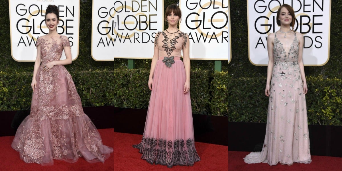 Emma Stone, de Valentino Couture, Lily Collins de Zuhair Murad, Felicity Jones, de Gucci coincidieron vestida de rosa, que ya subieron a la pasarela firmas como Lacoste y Rochas.