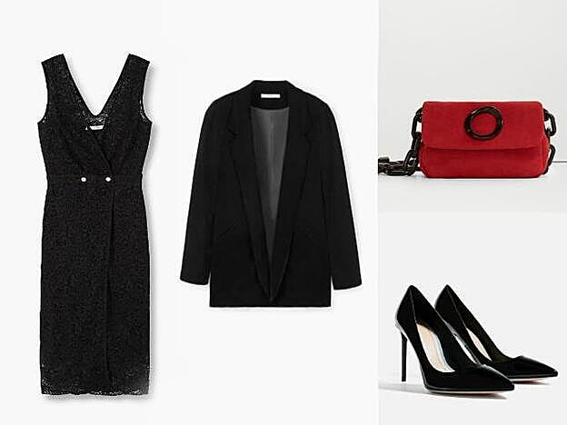 Vestido (39.99 euros), blazer (29.99 euros) y bolso (19.99 euros) de Mango. Los salones de charol son de Zara (29.95 euros).
