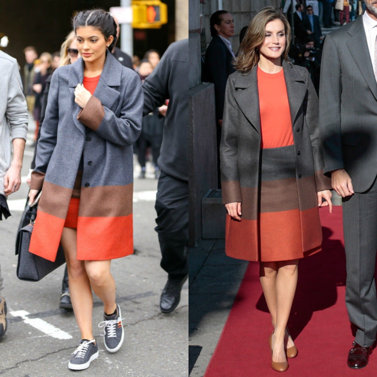 La reina Letizia estrenó un conjunto de falda y abrigo de Hugo Boss en su última visita a Portugal en noviembre de 2016, un look que ya había lucido Kylie Jenner. ¿La diferencia? La forma de adaptarlo a sus estilos. Mientras Kylie se decantó por unas zapatillas, la reina optó por unos salones color cámel