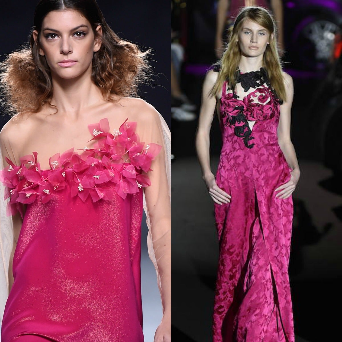 El rosa más intenso, en tono buganvilla, es alegre y sofisticado, tal y como nos lo han presentado Juana Martín (1) y Alvarno (2).