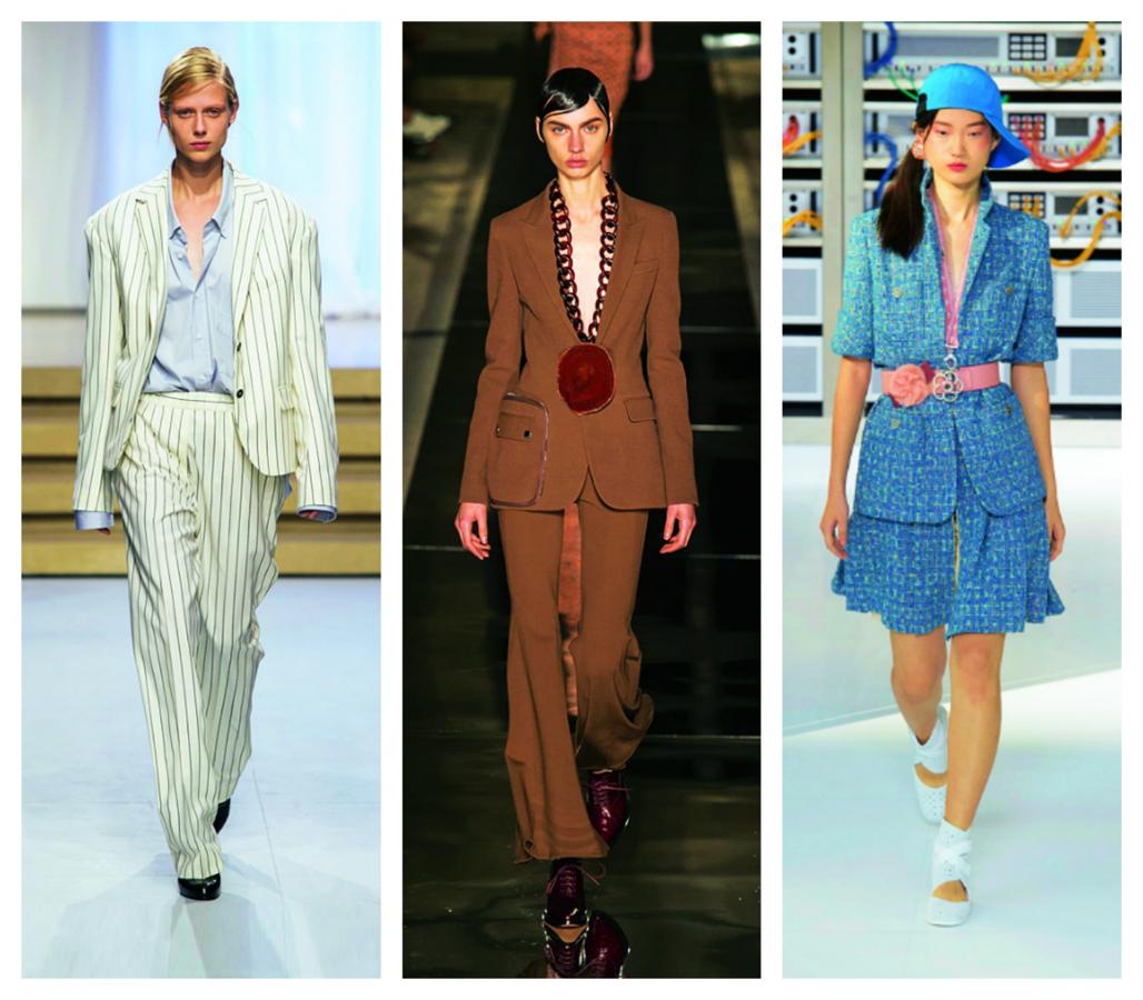 La anchura de hombros y la holgura de talle marcan la pauta, pero los ajustados y con falda se mantienen. Jil Sander, Givenchy y Chanel.