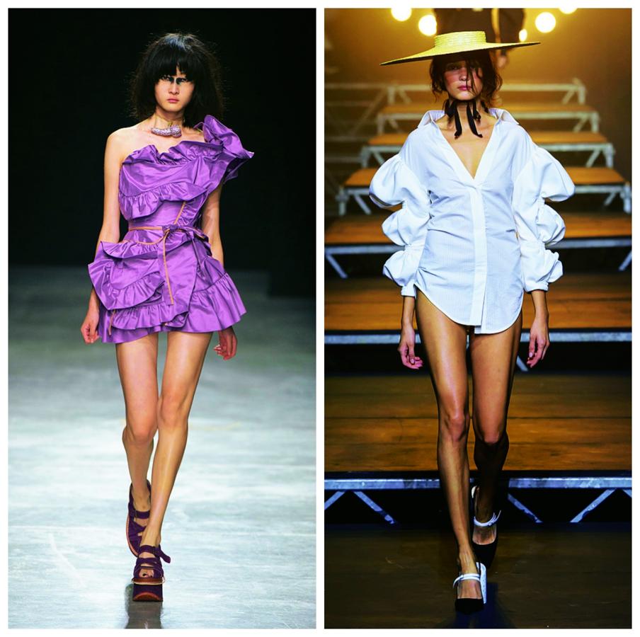 Las minis llegan más mini que nunca. Y, en especial, en versión vestido, que adquiere máximo protagonismo. Tanto minimalista como barroco, siempre en clave mini. Vivienne Westwood y Jacquemus.