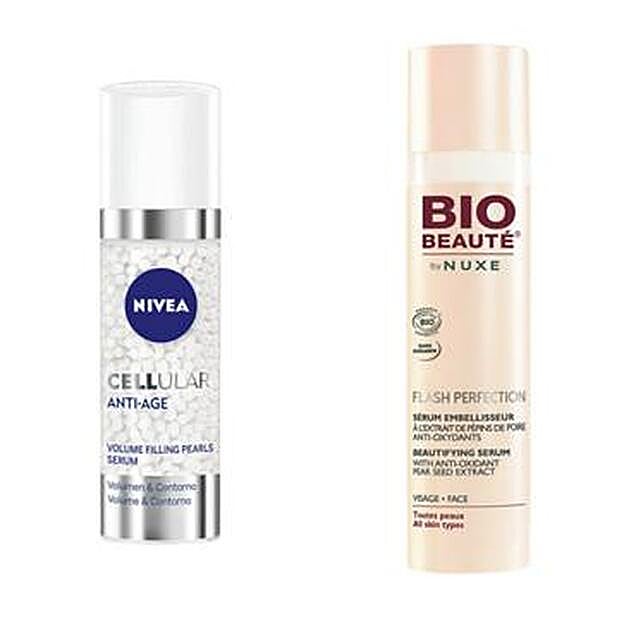 Cellular Anti-Age Volume Filling Pearls Serum de Nivea (15,99 euros). Flash Perfection Sérum Embellecedor de Bio-Beauté by Nuxe (28,90 euros).