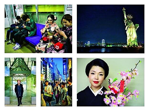 Escena cotidiana en el metro de Tokio, reproducción de la Estatua de la Libertad en una isla artificial de Tokio, café en el museo Miho, compras en el barrio Gynza y una intérprete de subayashi.