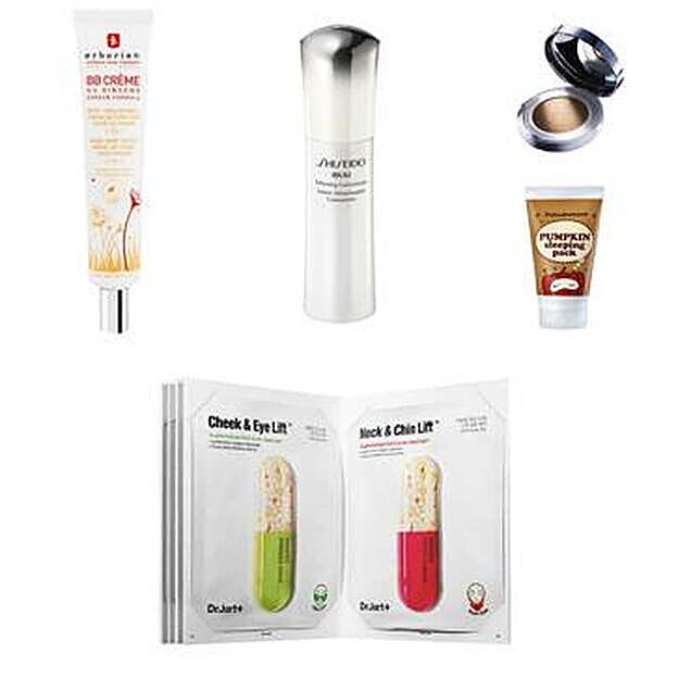 BB Cream al gingseng de Erborian (19,90 euros). En Sephora. Ibuki Softening Concentrate Equilibrante Concentrado de Shiseido (29 euros). Bibi Nova de Mi-rê (46,50 euros). Book of Masks, Kit de mascarillas de Dr. Jart+ (39,90 euros). Pumpkin Sleeping Pack de Too Cool for School (18 euros) en Sephora.