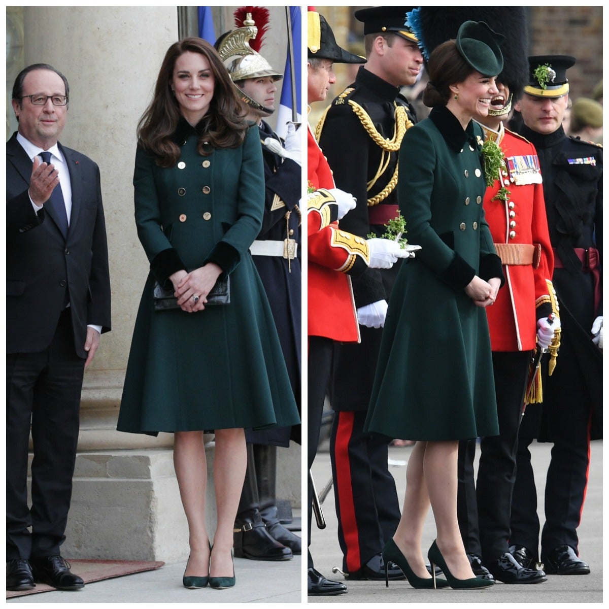 Los Duques de Cambridge aterrizaron en París procedentes de Londres en un vuelo privado el sábado. Por la mañana habían asistido al desfile del Día de San Patricio, razón por la que probablemente Kate Middleton no se cambió y repitió el mismo look en su reunión con François Holland. Lució un vestido abrigo de Catherine Walker con salones de ante verdes, un guiño a la festividad británica.