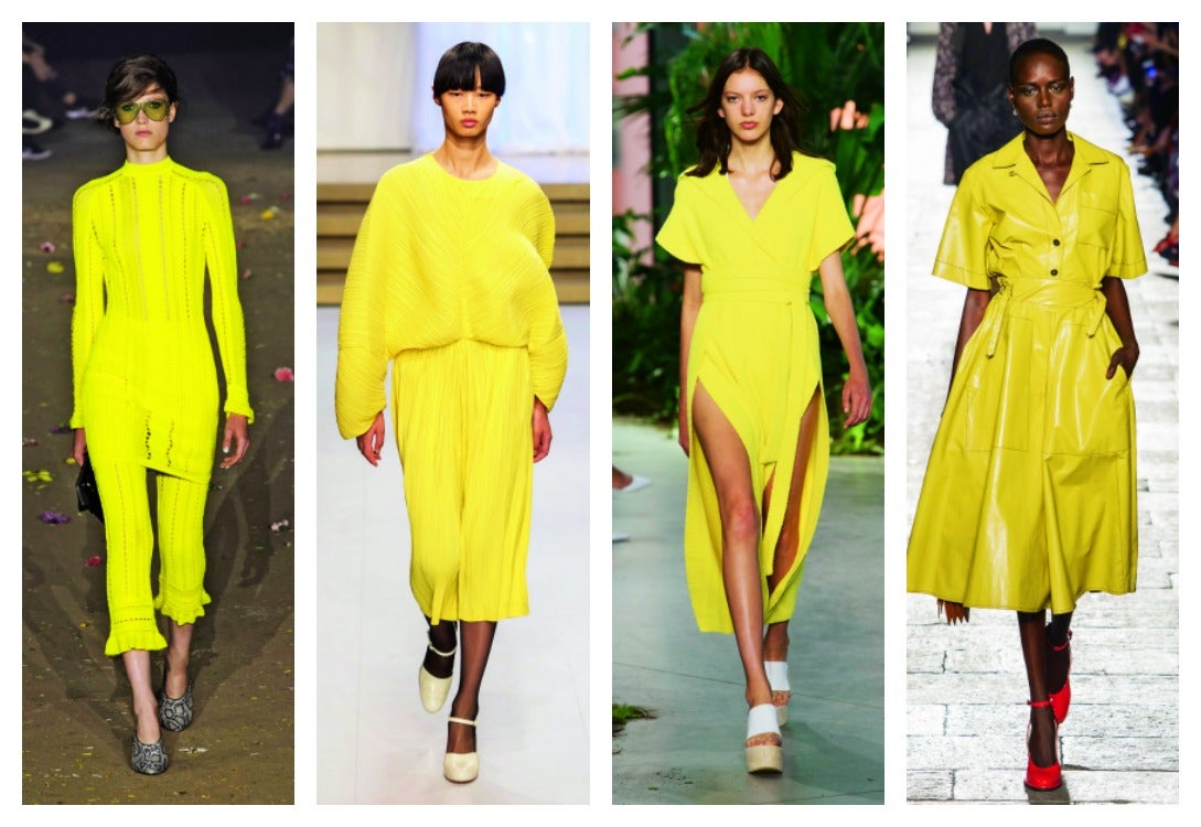 El sol es el color que transmite más optimismo, vitalidad y ganas de verano. Así que, adelantándose a nuestros deseos de vacaciones, los diseñadores nos ofrecen una buena dosis de sol veraniego al convertir el amarillo más intenso en uno de los protagonista de la temporada. La clave es evidente: se lleva en total look. (JIL SANDER, PHILLIP LIM, BOTTEGA VENETA, LACOSTE)