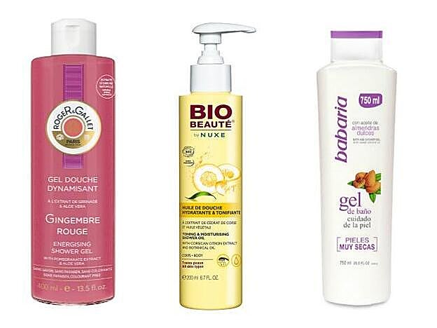 Gel de Ducha Gingembre Rouge de Roger &amp; Gallet (16,50 euros). Aceite de Ducha Hidratante y Tonificante de Bio Beauté by Nuxe (9,95 euros). Gel de Baño con Almendras Dulces para pieles muy secas de Babaria (2,25 euros).