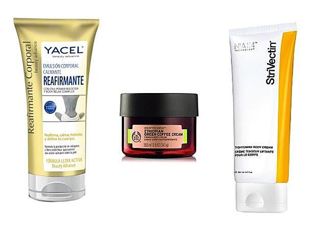 Emulsión Corporal Calmante Reafirmante de Yacel (12,95 euros). Spa of the World Crema Reafirmante de Café Verde de Etiopía de The Body Shop (26 euros). TL Advanced Tightening Body Cream de StriVectin (56,90 euros).