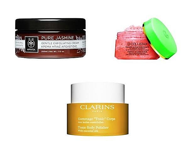 Pure Jasmine Crema Exfoliante Suave de Apivita (20 euros).Talasso Scrub Reafirmante de Collistar (56,30 euros). Gommage Tonic Corps de Clarins (43,25 euros).
