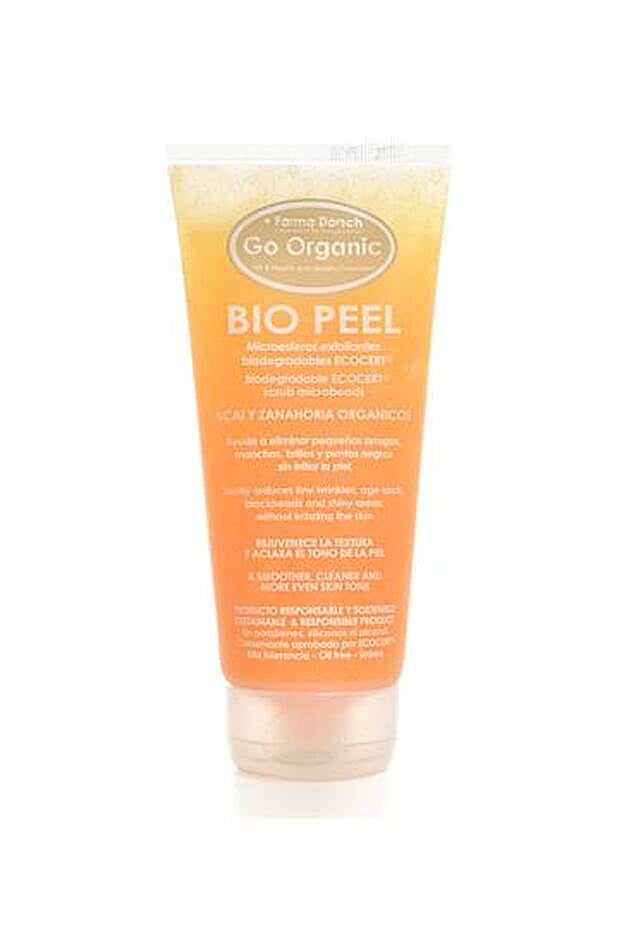Exfoliante cara y cuerpo Bio Peel de Go Organic Farma Dorsch. Con açai y zanahoria orgánicos. Contiene microesferas biodegradables que ayudan a eliminar pequeñas manchas, arrugas, brillos y puntos negros sin irritar la piel. El resultado es una piel limpia y luminosa. (22,50€)
