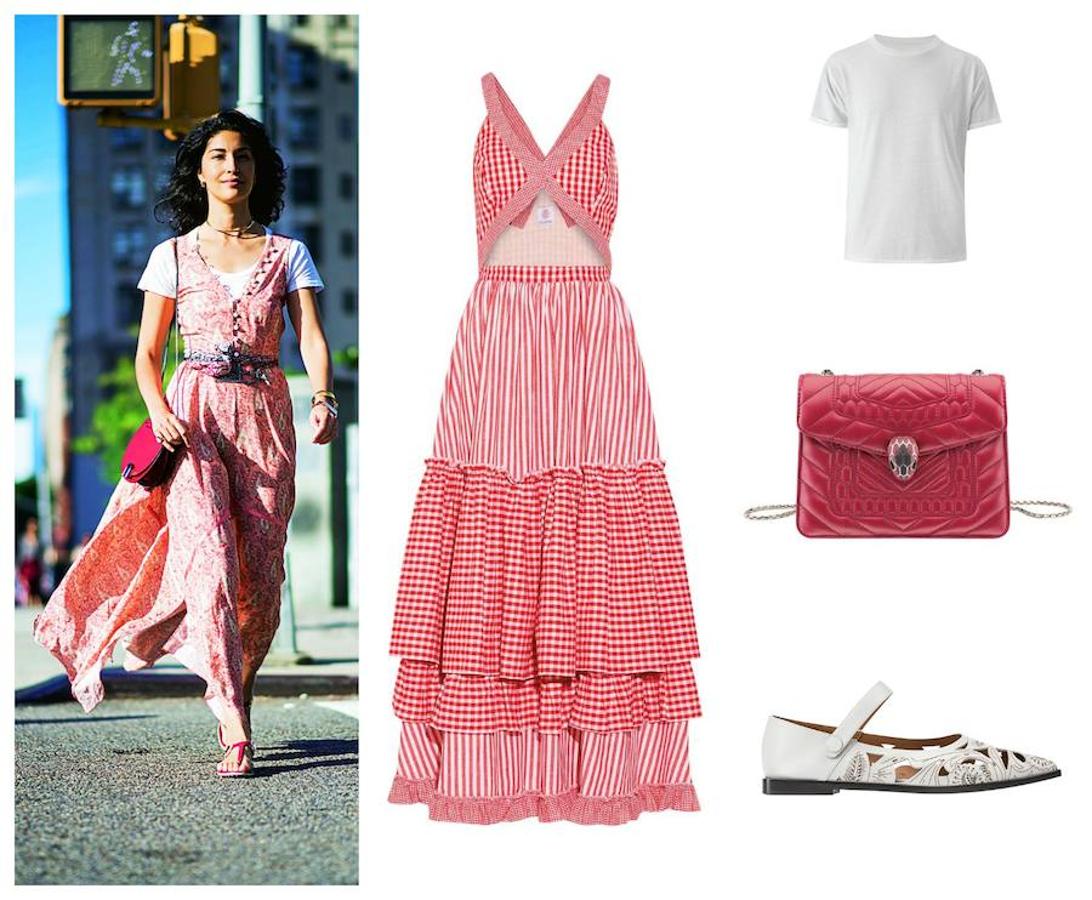 Elige un vestido escotado para que se vea bien el efecto. Y la camiseta, siempre blanca. Gülürgel, Mango, Bulgari y Emporio Armani.