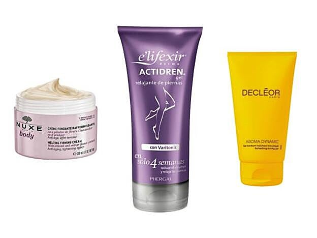 Crema Fundente Reafirmante de Nuxe (39,90 euros). Actidren Gel Relajante de Piernas E´Lifexir de Phergal (10,95 euros). Aroma Dynamic Circulagel de Decléor (36,45 euros).