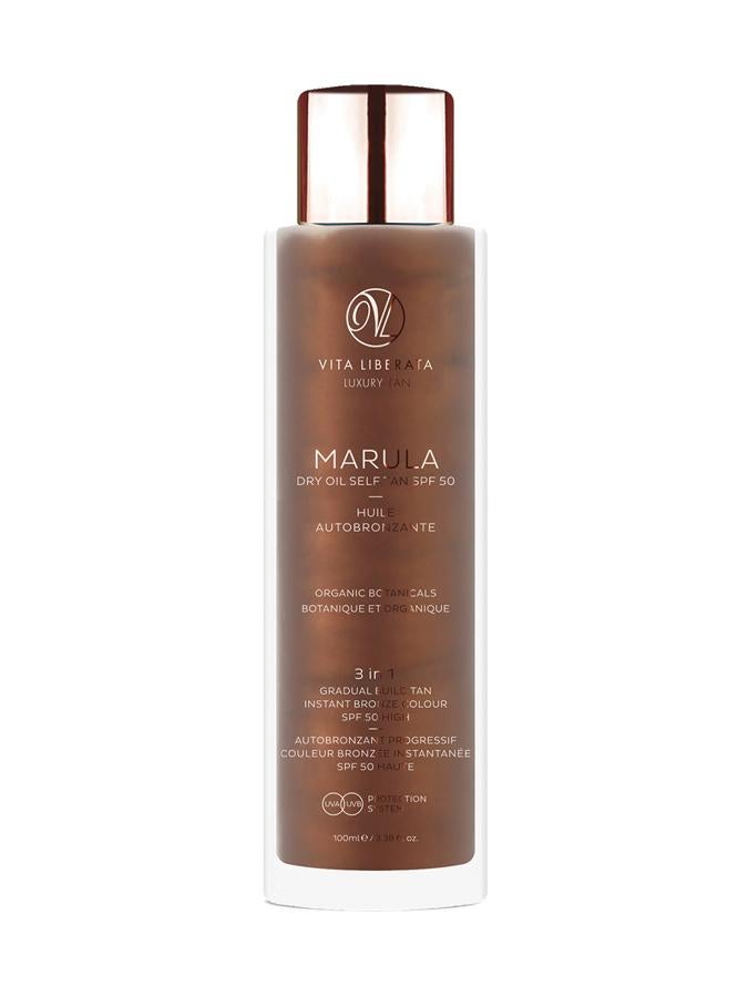 Aceite de Marula Triple Acción Autobronceador. El único autobronceador del mundo que posee una protección solar SPF 50 de amplio espectro avanzado. (39,90€, en Sephora)