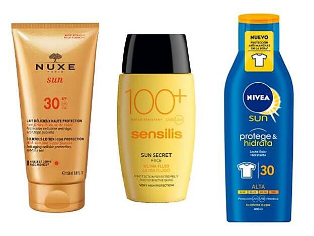 Protege & Hidrata Leche Solar SPF30 Antimanchas en la ropa de Nivea (17,55 euros). Sun Secrets Ultra Fluid Face SPF100+ de Sensilis (22 euros). Leche Deliciosa Rostro y Cuerpo SPF30 de Nuxe (22,95 euros).