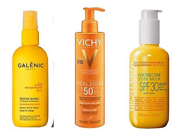 Soin Soleil Spray SPF50 de Galénic 26,70 euros). Idéal Soleil Leche Antiarena SPF50 de Vichy (22 euros). WeterLover Sun Milk SPF30 de Biotherm (35 euros).