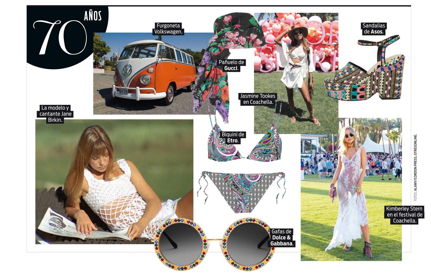 Más sensual, menos carnal. El canon vuelve a cambiar: delgadez y cuerpos aniñados, de los que Jane Birkin es paradigma. Son bellezas menos rotundas y más intelectualizadas, para un mundo que disfruta del hippismo y los nuevos valores de paz y amor. El folk is back. Woodstock instituye el verano como estación para los festivales. Las minifaldas vaqueras y camisolas se adornan con abalorios. El folk de Coachella es una vuelta al orden natural.