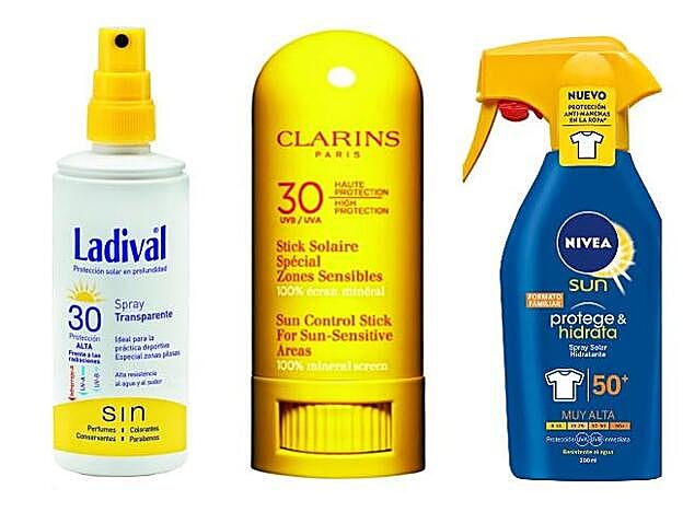 Espray transparente SPF30 Especial zonas pilosas de Ladival (15,20 euros). Stick Solar Especial Zonas Sensibles SPF30 de Clarins (23 euros). Protege & Hidrata SPF50+ con protección antimanchas en la ropa de Nivea (14,99 euros).