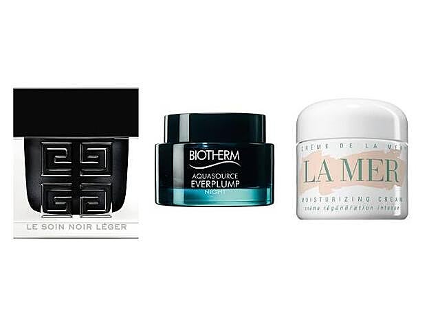 Aquasource Everplump Night de Biotherm (59,90 euros). Le Soin Noir Léger de Givenchy (371 euros). La Créme de La Mer (185 euros).