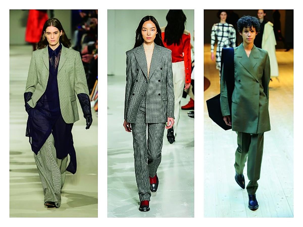 Es el eterno fondo de armario de otoño-invierno. La prenda de dos piezas a la oficina de septiembre a marzo. Siempre hay diferentes versiones, pero si quieres acertar con el traje de este año, apuesta por uno en tonos grises y con chaqueta de hombros prominentes. Victoria Beckham, Céline y Calvin Klein.