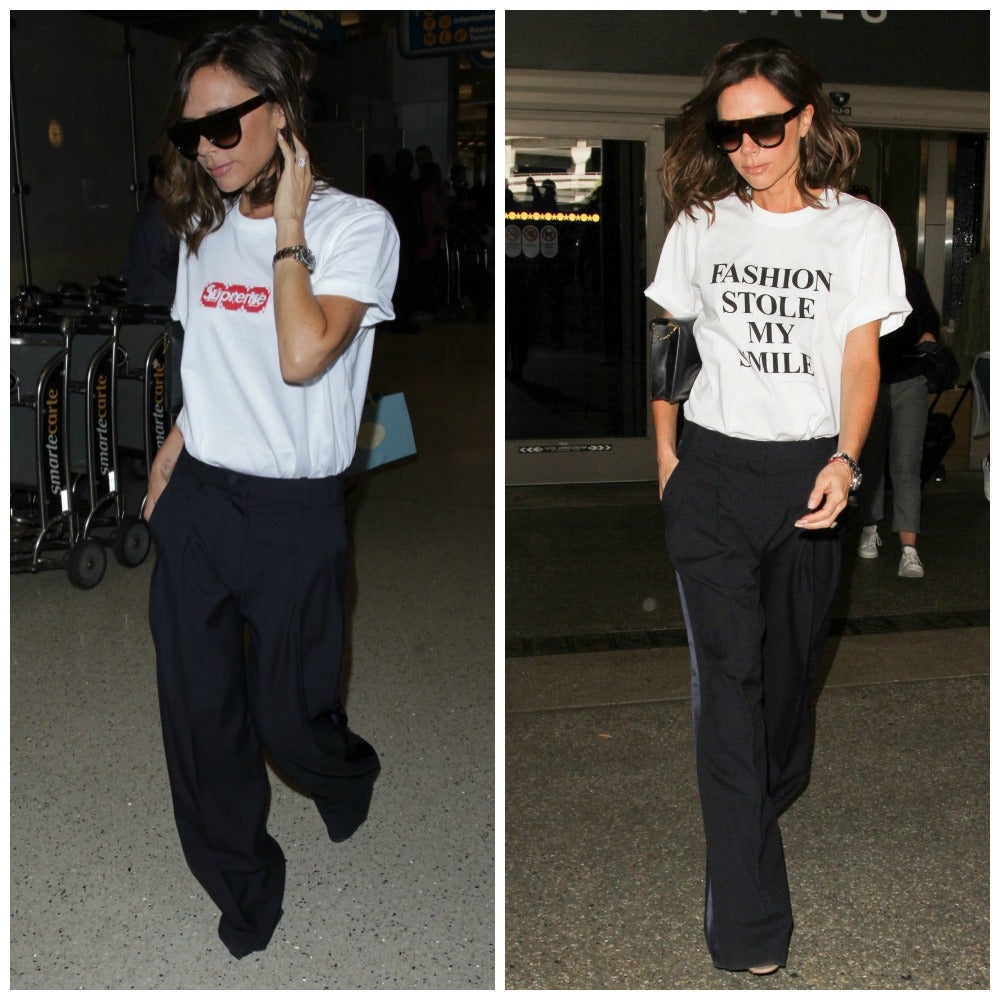 En muy pocas ocasiones, Victoria Beckham apuesta por looks tan informales en los que la camiseta sea la protagonista. Con apenas unos días de diferencia, estrenó una camiseta -diseñada por ella- con mensaje y después usó el mismo tipo de pantalón de pernera ancha para coordinarlo con otro modelo blanco de Supreme.