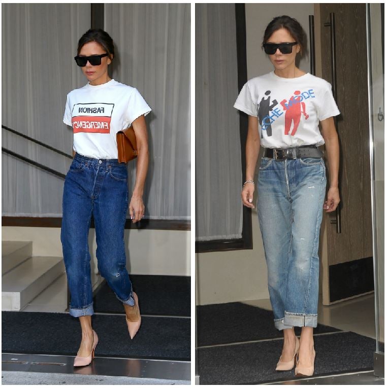 ¿Alguna vez, salvo en su etapa chunga, había visto a Victoria Beckham con vaqueros y camiseta? Seguro que la memoria, como a nosotras, no te alcanza a recordar cuándo se dio ese hito, pero la diseñadora ha hecho ya de esta combinación un uniforme. Eso sí, no se baja de los tacones para darle su toque 'posh'.