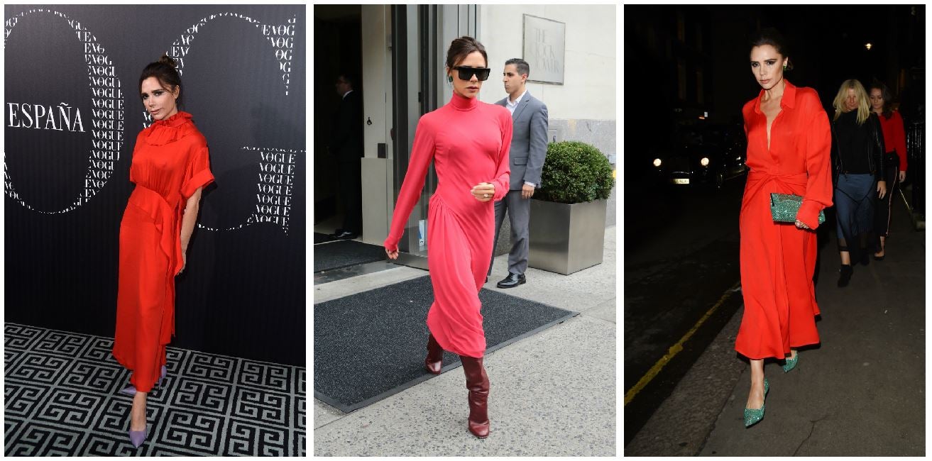 El rojo es uno de los colores de la temporada y Victoria Beckham ha hecho de él su color fetiche, tanto que guarda en su armario varios modelos: en satén, de punto, de manga larga, corta...