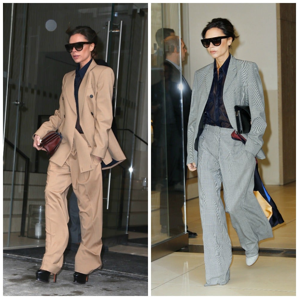 Y aunque a veces salga a la calle en pijama, otras prefiere los dos piezas formales, siempre en clave maxi y combinados con la misma blusa con transparencias azul marino. Así un traje masculino sí es muy sexy.