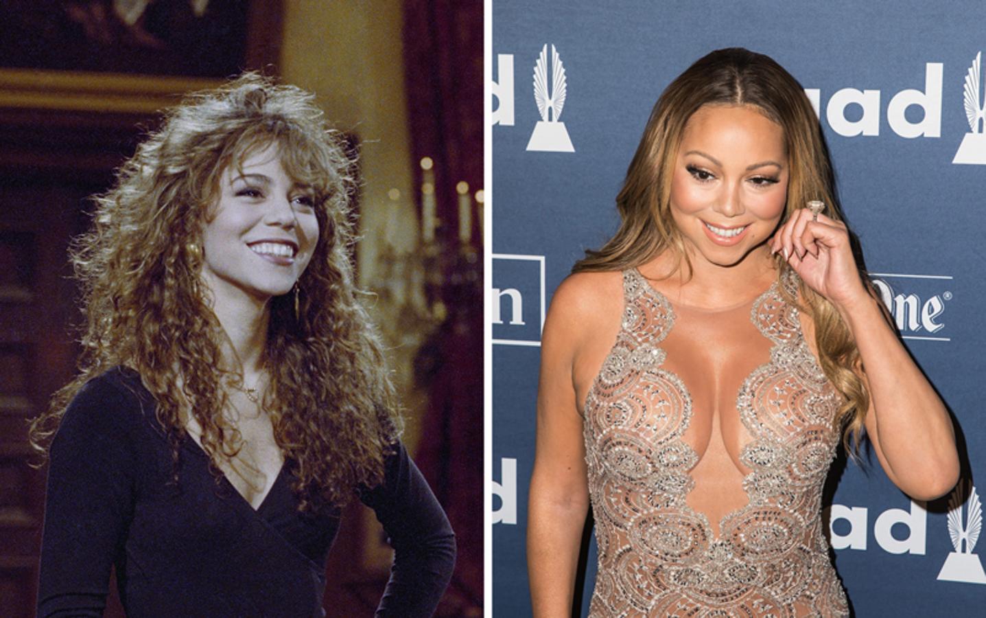 El caso de Mariah Carey es todo un misterio... Antes de que empezara a vender millones de álbums no pasaba de ser una chica con buena voz, melena cardada y pecho más o menos normal (izquierda, en 1990). Pero tras su salto a la fama comprobamos como Mariah creció en todos los sentidos. Su voluminoso pecho es una de sus señas de identidad. Tanto que no la recordábamos sin esos desmesurados escotes (derecha, en 2016).