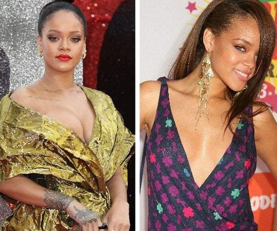 Una jovencísima Rihana en sus primeros pasos como cantante delata que se ha operado el pecho en comparación con una fotografía reciente.