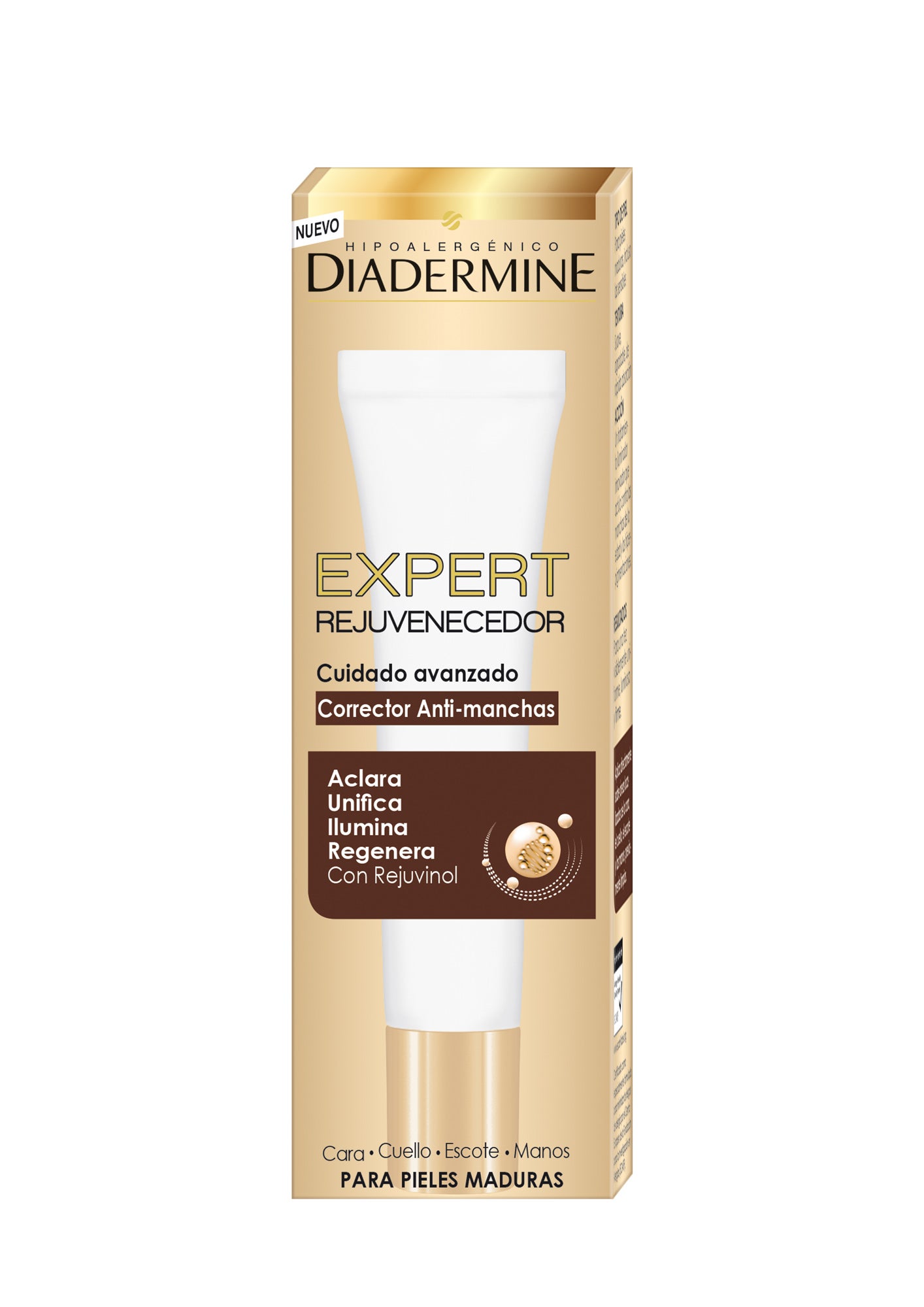 El producto contiene una combinación óptima de Rejuvinol, otros activos antiarrugas y activos anti-manchas derivados de la Vitamina C y Filtros UV para prevenir la futura aparición de problemas pigmentarios. (14,95€)