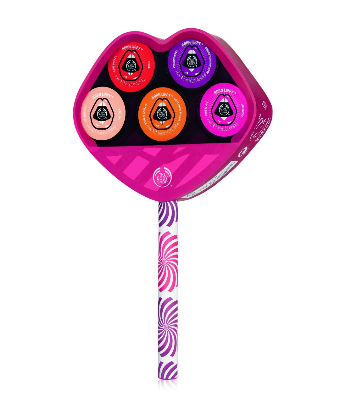 Piruleta en forma de labios con 5 bálsamos Born Lippy de de distintos aromas: fruta de la pasión, fresa, mandarina, frambuesa y sandía. Hidratante y nutritivo, deja en los labios un toque de color y tiene un rico aroma afrutado (16€)