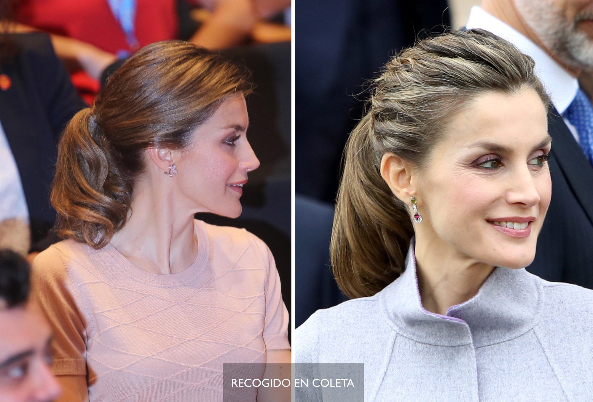 La coleta está de moda y doña Letizia la suele llevar envuelta con un mechón del propio pelo, a media altura y ligeramente ondulada. También se ha atrevido con la coleta de burbujas.