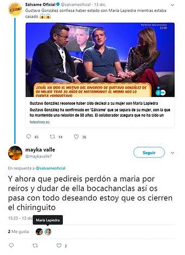 Tweet al que María Lapiedra ha dado 'like' en el que se dice que deben cerrar Sálvame.