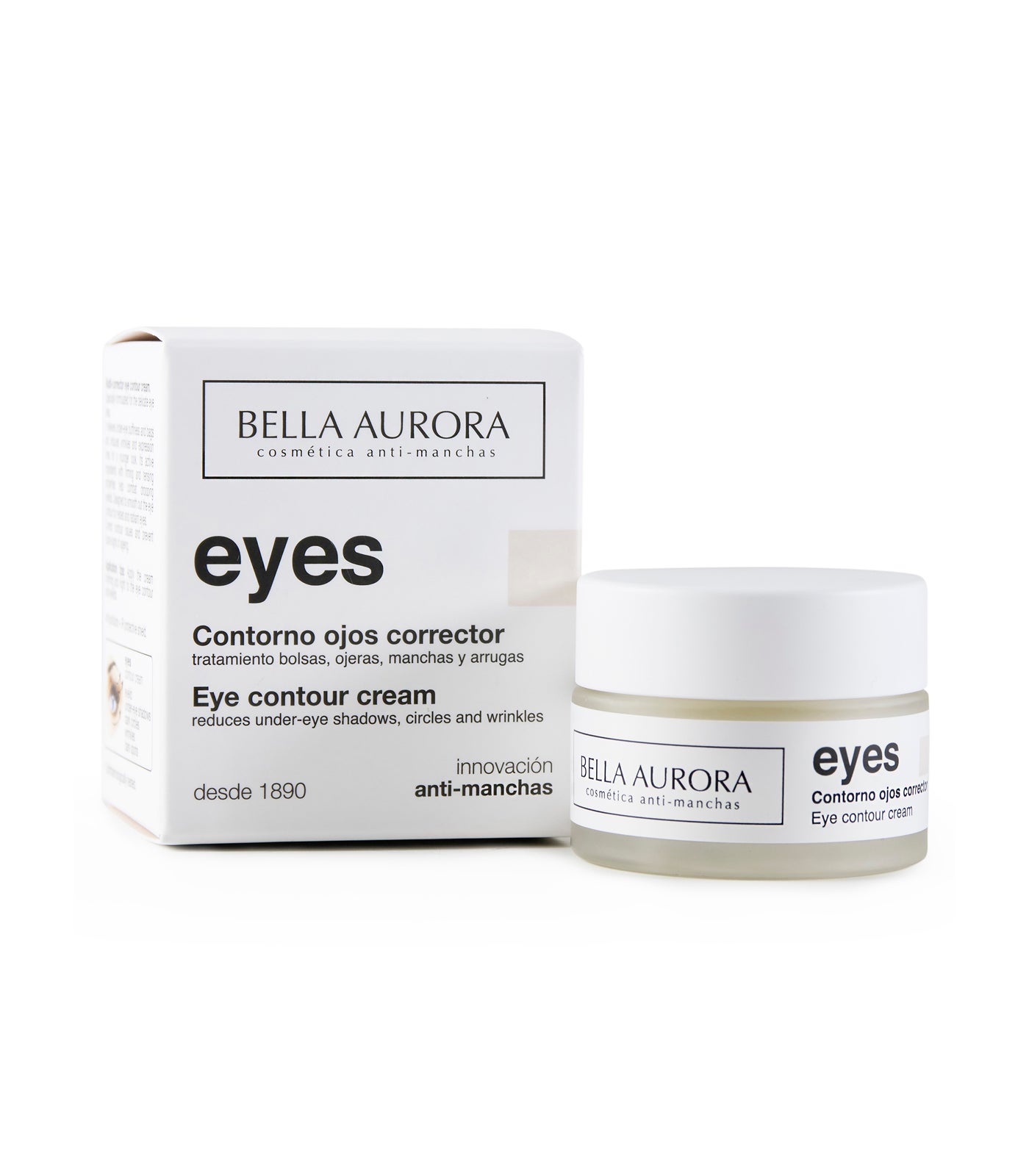 Eyes Contorno ojos corrector de Bella Aurora. Tratamiento de acción global que disminuye las ojeras, reduce las bolsas y crea un efecto lifting en el párpado superior. (22,90€)