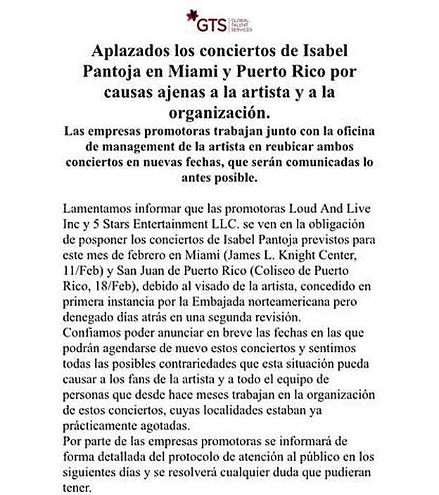 Comunicado en el que se explica que Isabel Pantoja ha tenido un problema con el visado.