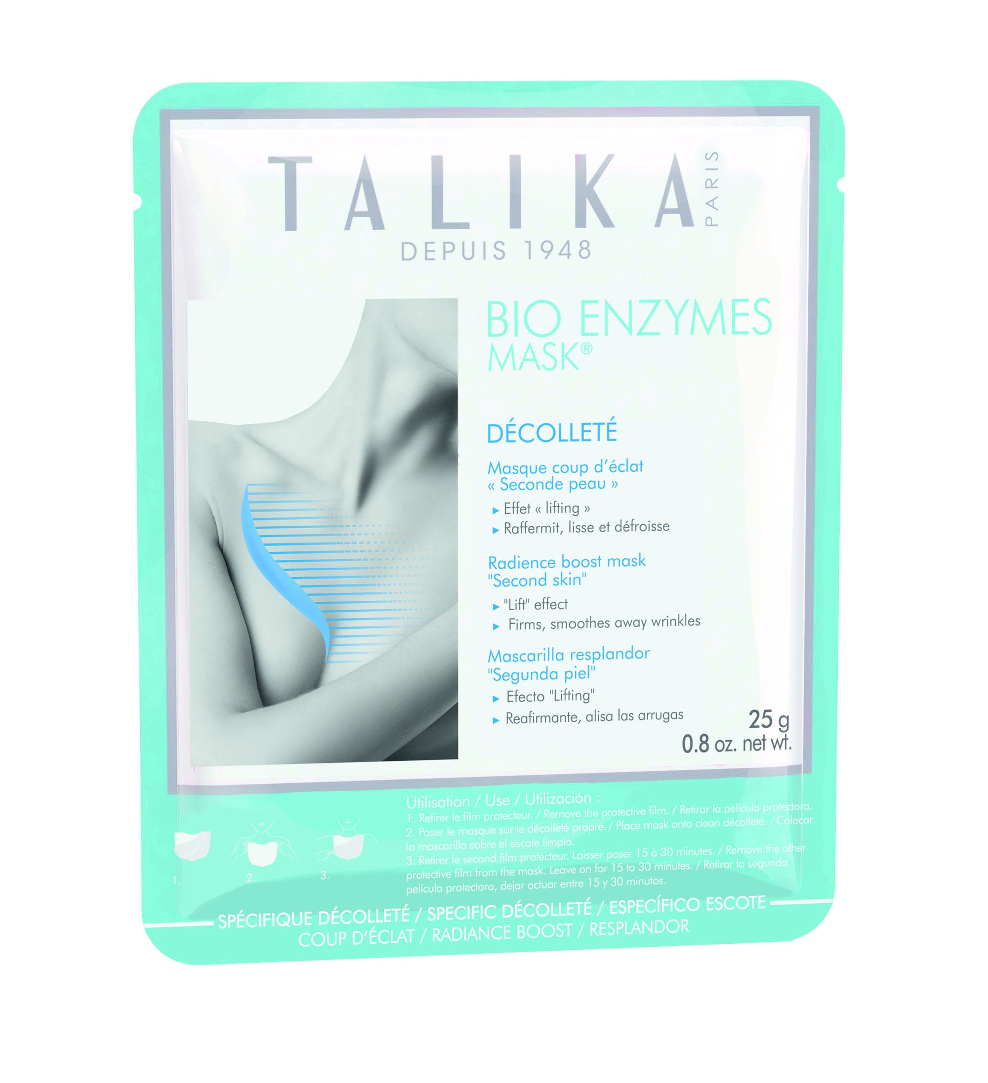 Bio Enzyme Mask escote de Talika. Mascarilla con efecto lifting para el escote: alisa, reafirma, hidrata e ilumina gracias a la alta concentración de ácido hialurónico, aloe vera y vitamina B3. (7,90€)