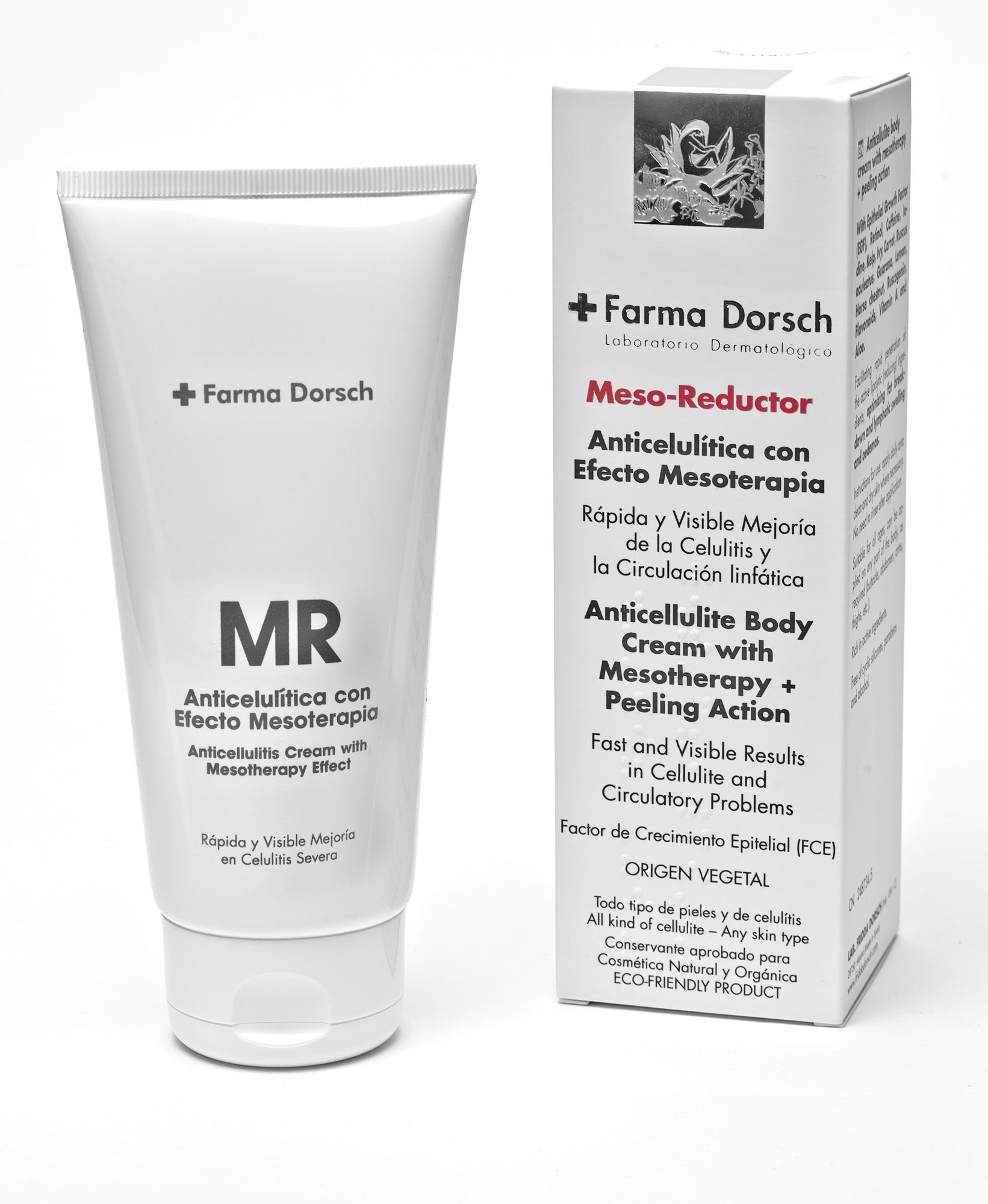 Anticelulítico Meso-Reductor de Farma Dorsch. Favorece la disolución de los adipocitos, activa la circulación y alisa el acolchado de la celulitis. Exfoliante y crema. (32,80€, 200ml)