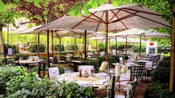 El restaurante Rubaiyat tiene una preciosa terraza rodeada de naturaleza en pleno Madrid. Escapate del bullicio y relájate con una buena copita de vino.