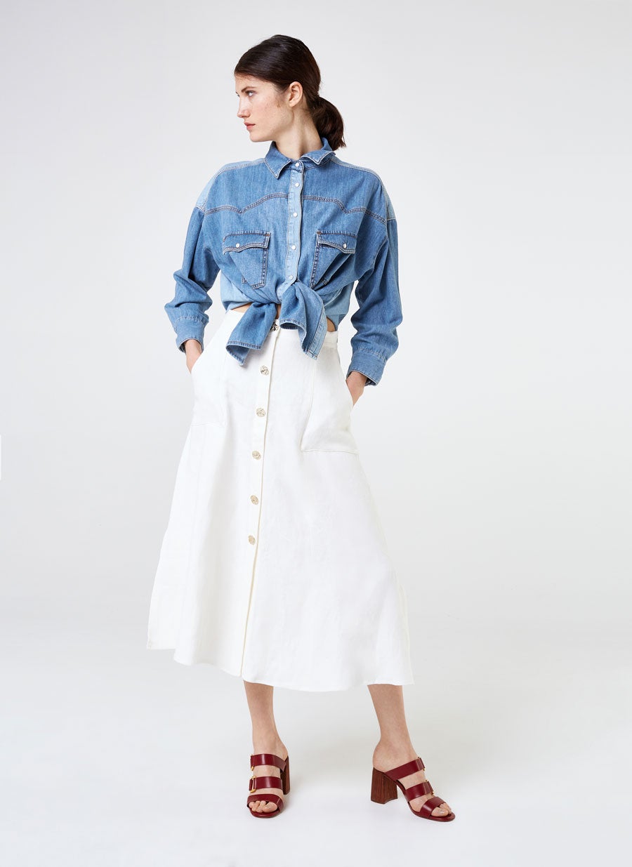 Falda midi de lino de Uterqüe: 79 euros.