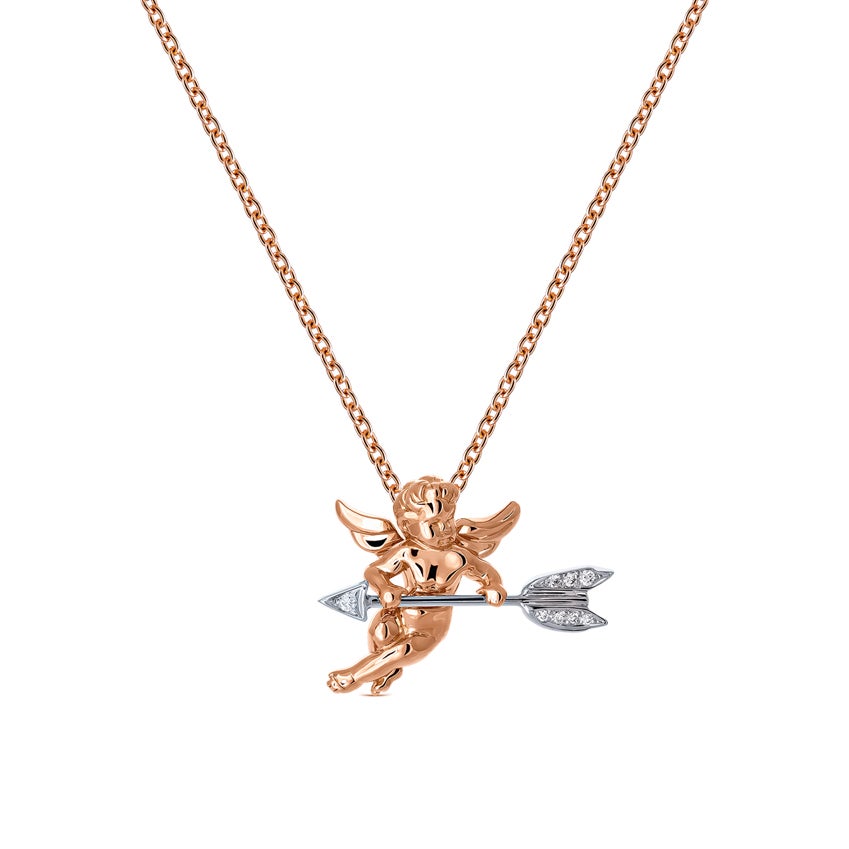 Colgante con Cupido en oro rosa, oro blanco y brillantes.