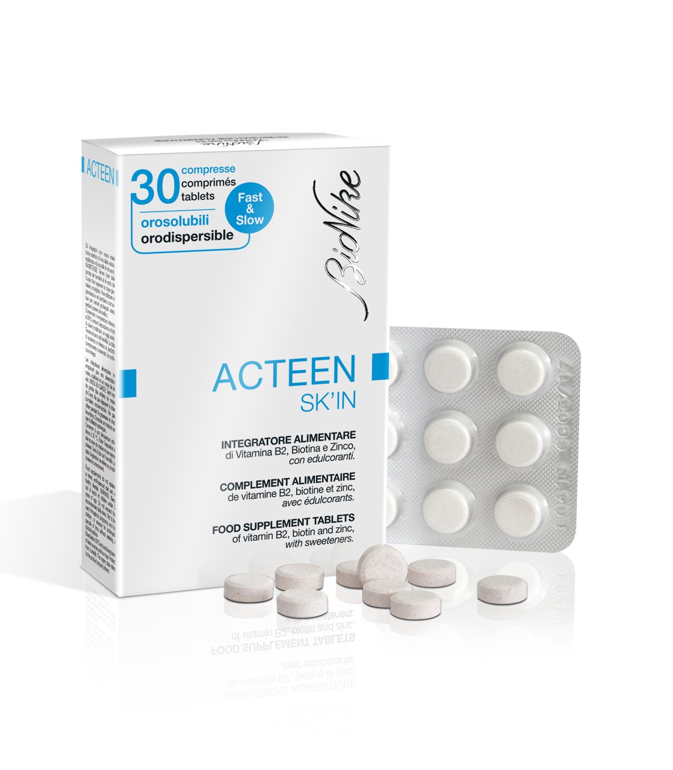 Complemento alimenticio a base de vitamina B2, biotina y cinc, para ayudar a mantener la salud de la piel. Con vitaminas B1, B6, L-cistina, glutatión y molibdeno para contribuir al metabolismo normal de los aminoácidos sulfurados. Gracias a su avanzada tecnología de liberación Fast&Slow garantiza la elevada biodisponibilidad de los micronutrientes y su fácil absorción. (19,95€, 30 pastillas)