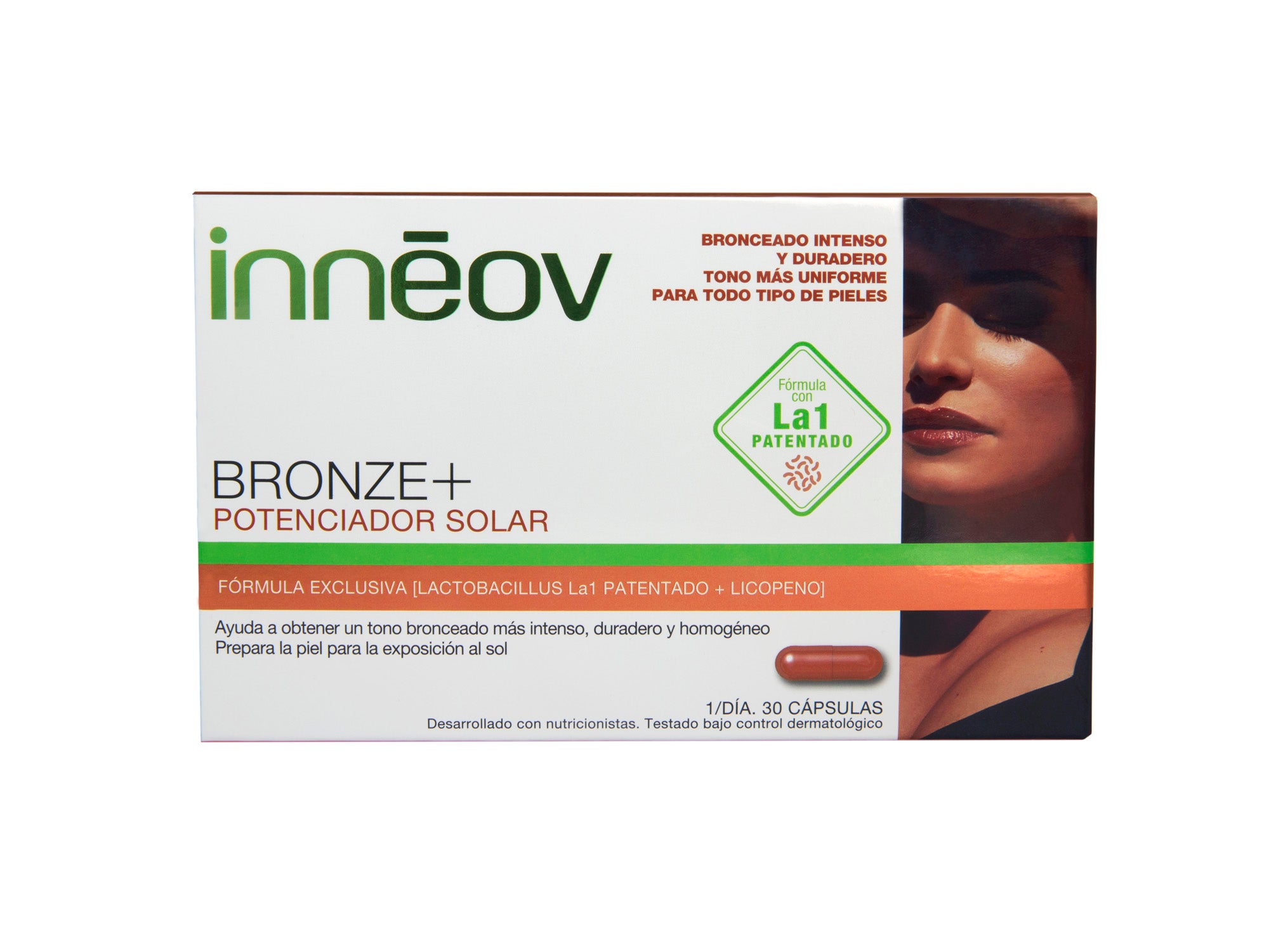 Un potenciador solar que hará que tu bronceado sea más intenso y duradero a la vez que disminuye la aparición de manchas y proporciona efectos beneficios frente al fotoenvejecimiento. Su fórmula aporta como ingredientes el Lactobacillus johnsonii  (La-1) patentado, que prepara la piel para su exposición al sol; β-CAROTENO para un bronceado más intenso, rápido y duradero, y LICOPENO que previene el envejecimiento prematuro de la piel. (28,50€, 30 cápsulas)
