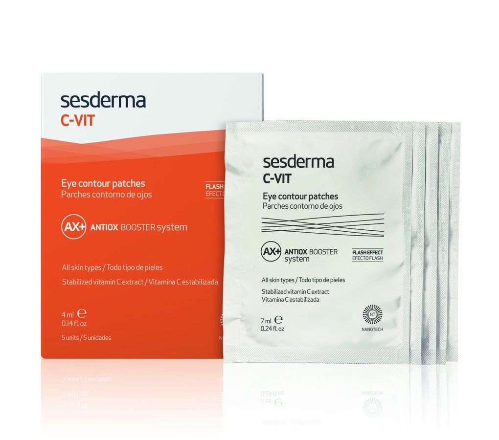 Atenúa los signos de fatiga y las ojeras y mejora de forma inmediata el aspecto del contorno de los ojos. Formulado, como toda la línea C-Vit con nanotecnología, lo que dota a los activos de un poder de penetración mucho mayor y con una forma más estable de Vitamina C, el e-Vit C, que favorece la síntesis de colágeno, disminuye arrugas e incrementa la firmeza, tersura y elasticidad de la piel. Parches de  Sesderma , (19,95 euros).