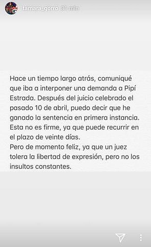Este es el comunicado que ha publicado Tamara Gorro en sus redes sociales.