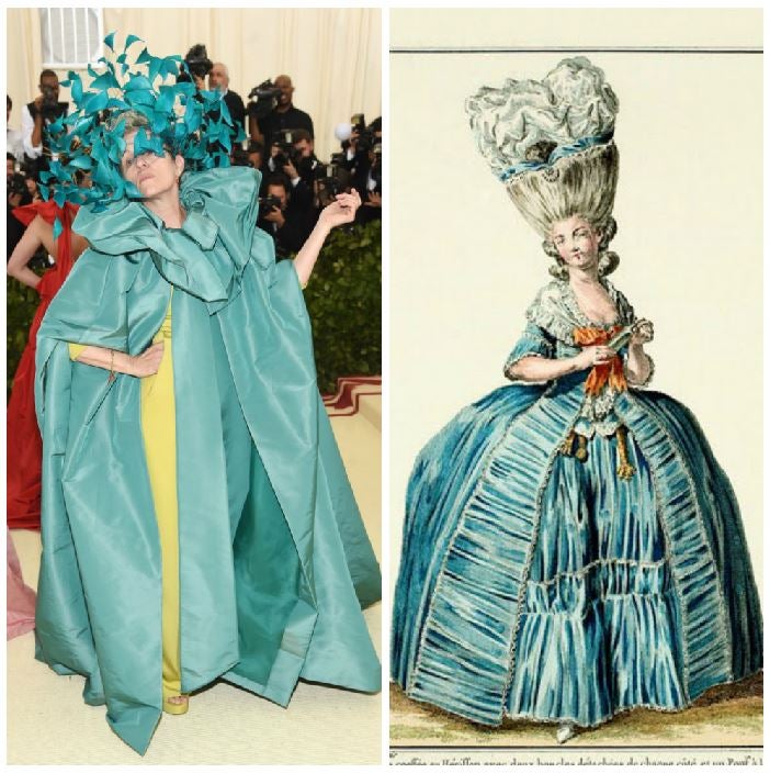 Frances McDormand, sin par. La grandiosidad de este juego de azules y, sobre todo, la distinguida actitud la encontramos replicada en un retrato de una gran dama con un vestido ceremonial, datado en 1778.