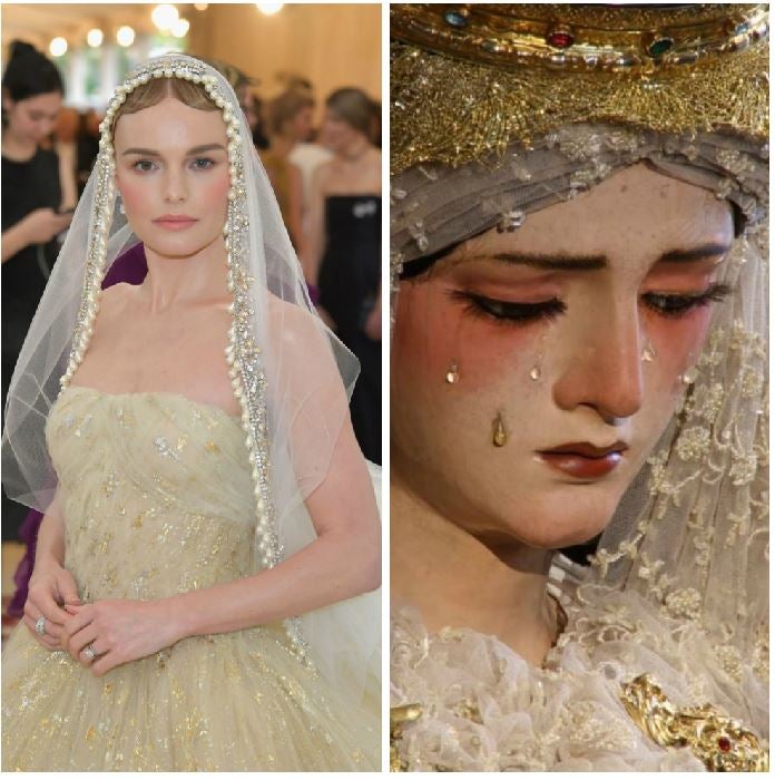 Kate Bosworth y una Madonna que llora. Si hubo una Virgen en la gala del Met esa fue Bosworth, cuya piel de porcelana se asemejaba muchísima a esta estatua de una Virgen Dolorosa, de autor anónimo.