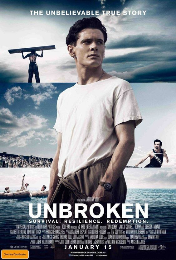 ‘Unbroken’ (‘Invensible’) de Angelina Jolie. ‘Unbroken’ relata la historia real de Louis Zamperini, que se alista a las Fuerzas Aéreas de los EEUU para luchar en la Segunda Guerra Mundial, tras participar en los Juegos Olímpicos de 1936. Un accidente le hace navegar a la deriva hasta ser capturado por los japoneses.
